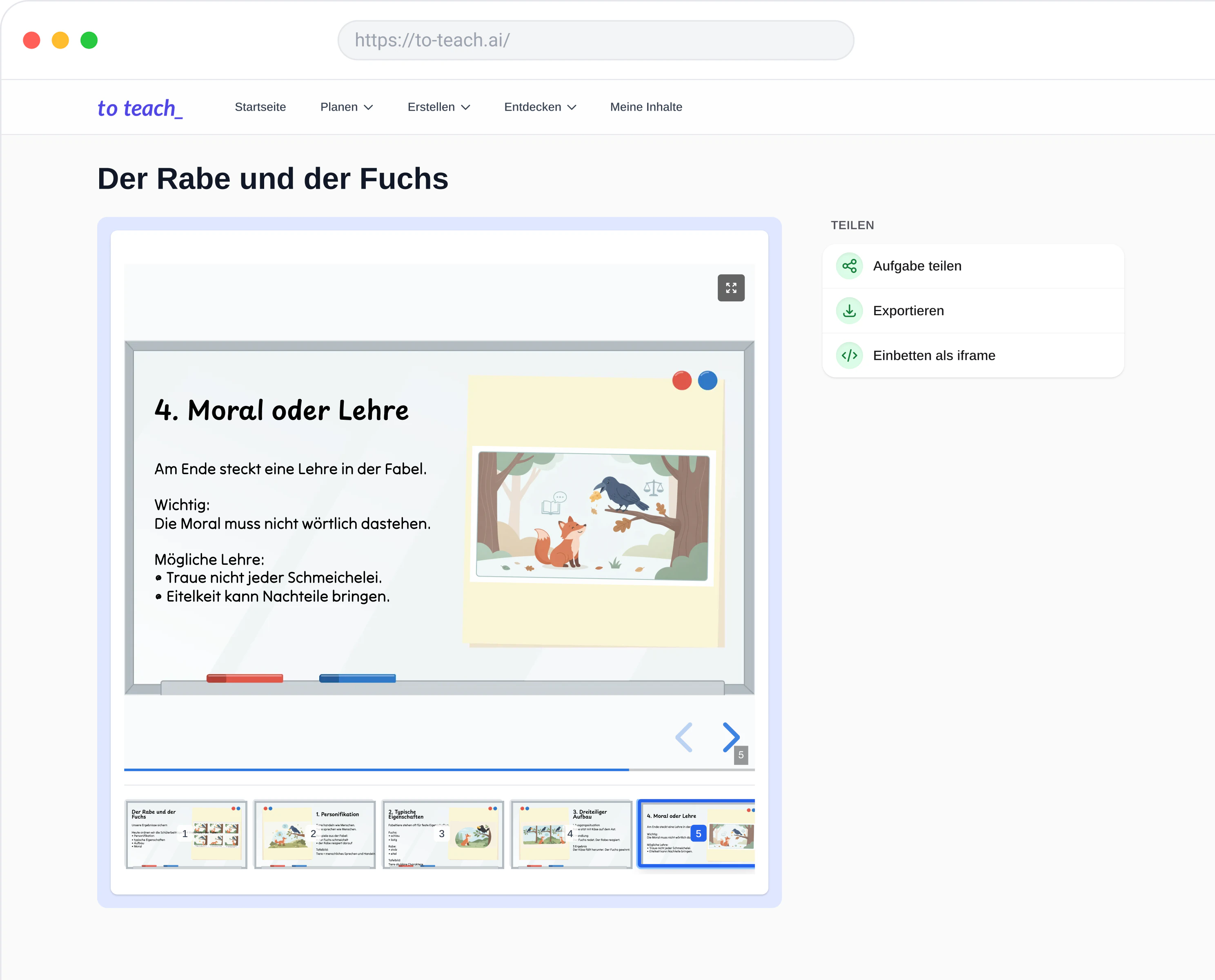 Präsentation zu Der Rabe und der Fuchs mit einer Folie zur Moral der Fabel